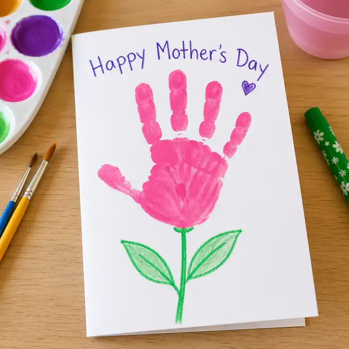 child handprint flower Mother’s Day card with pink paint and green stem on paper