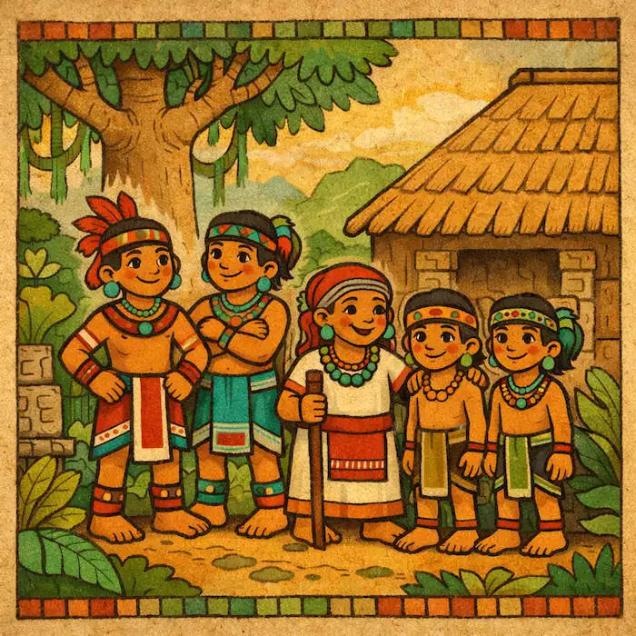 Grandmother stands beside the four brothers outside a forest house beneath a large tree