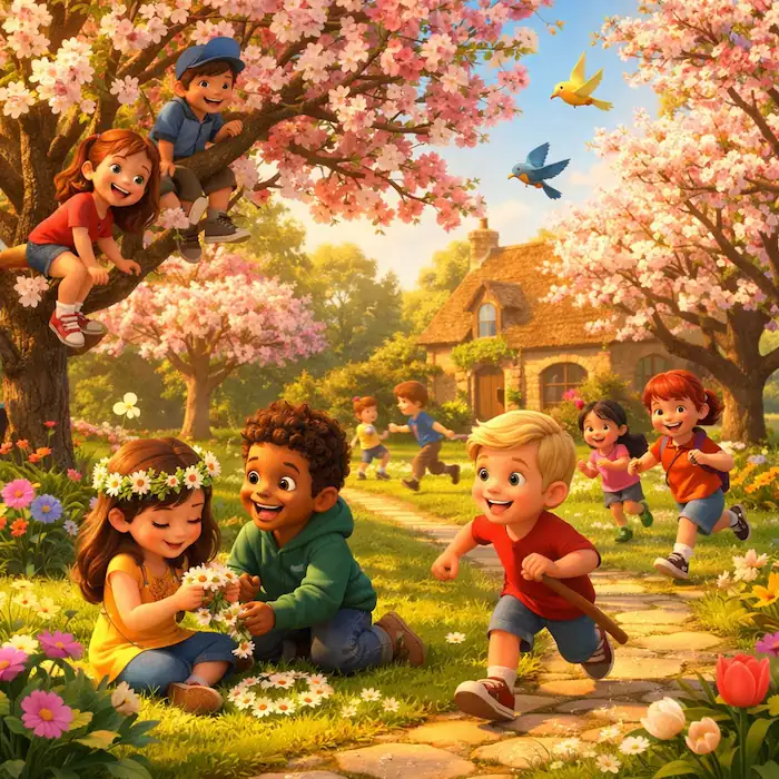 The Selfish Giant children playing happily in a beautiful spring garden with blossom trees and flowers