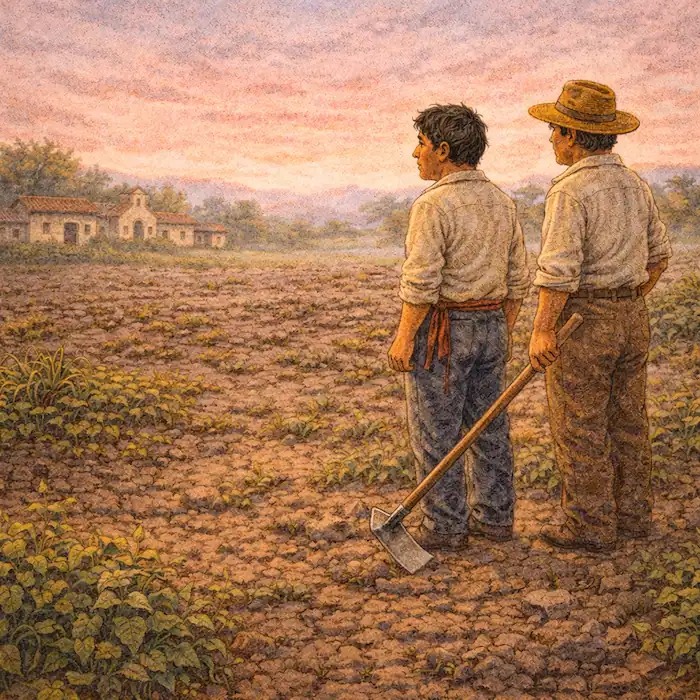 Tomás and Don Luis standing in the barren field ready to begin work at sunrise in The Lazy Farmer