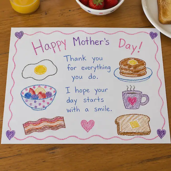 Mother’s Day breakfast placemat with child drawings of food and handwritten message
