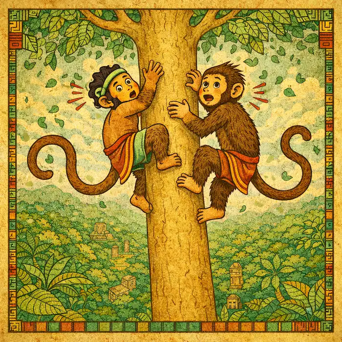 Hun Batz and Hun Chuen have turned into monkey brothers and cling to the tree in alarm