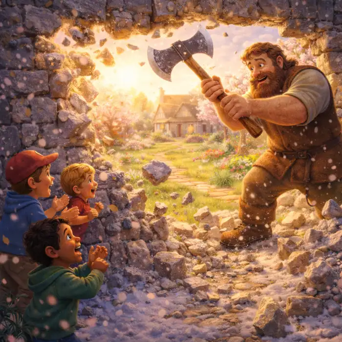 The Selfish Giant breaks down the garden wall with an axe while children watch and cheer