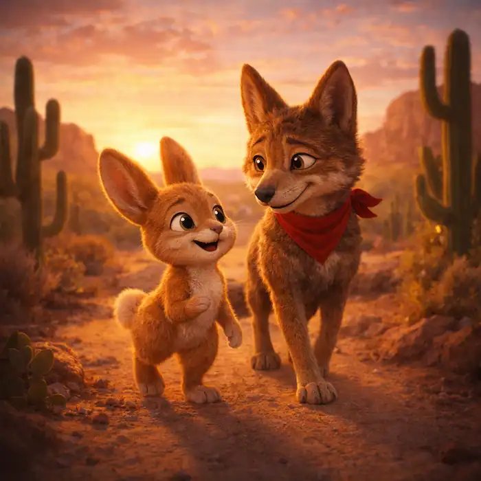Rico the rabbit walking beside coyote in the desert at sunset in The Coyote and the Rabbit folktale