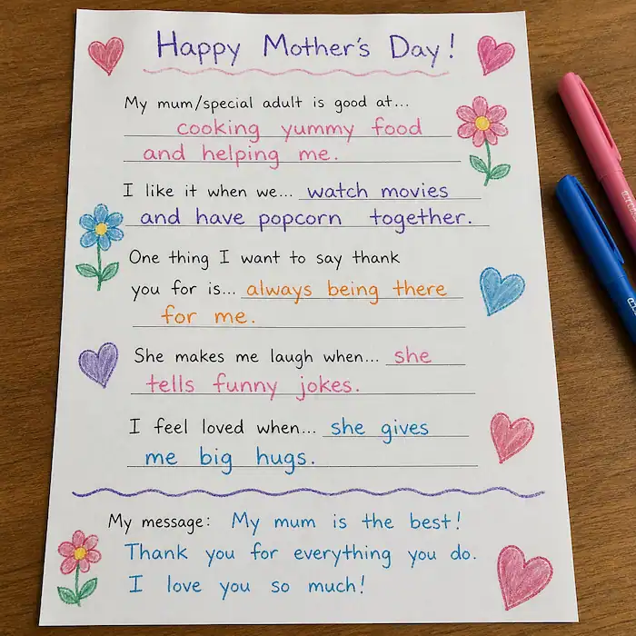Mother’s Day writing activity sheet with prompts and child answers decorated with hearts