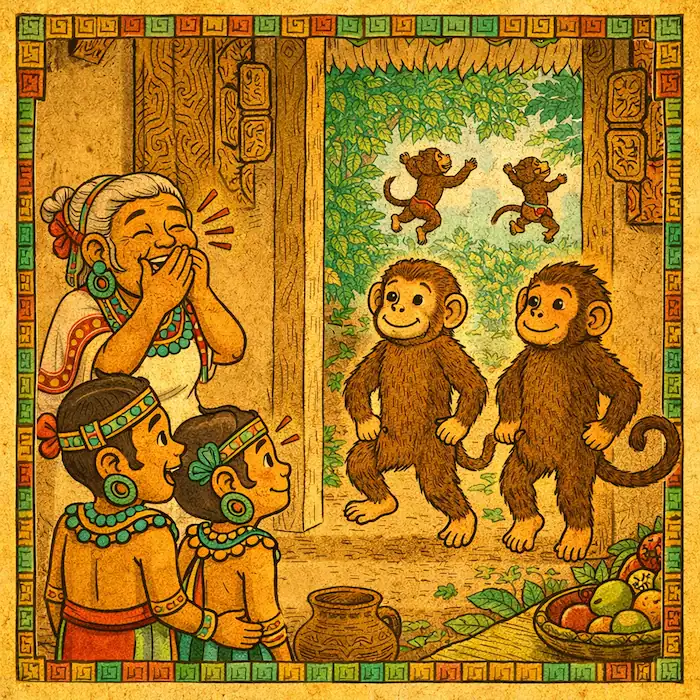 Grandmother laughs in the doorway as the transformed monkey brothers appear outside