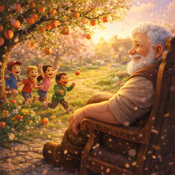 The Selfish Giant sitting peacefully while children play happily in a garden full of fruit and flowers