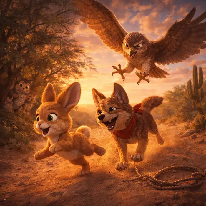 Hawk chasing Rico and coyote during a desert escape scene in The Coyote and the Rabbit story