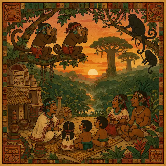 A family listens to a storyteller at sunset while monkey figures appear in the trees above the village