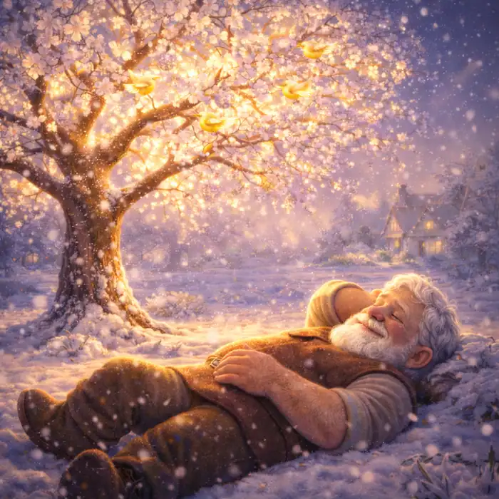 The Selfish Giant lying beneath a tree covered in white blossoms in a peaceful winter garden