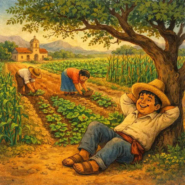 Tomás resting under a tree while other villagers work in the fields in The Lazy Farmer Mexican folk tale