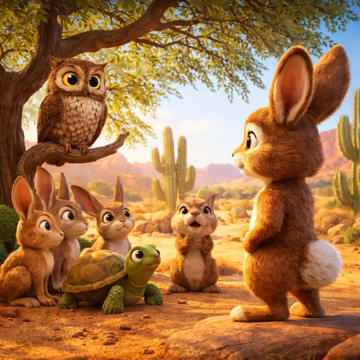Rico the rabbit speaking with owl tortoise and other animals about danger in The Coyote and the Rabbit Mexican folktale