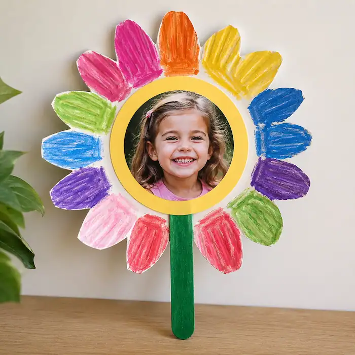 paper plate flower craft with colorful petals and child photo in the center