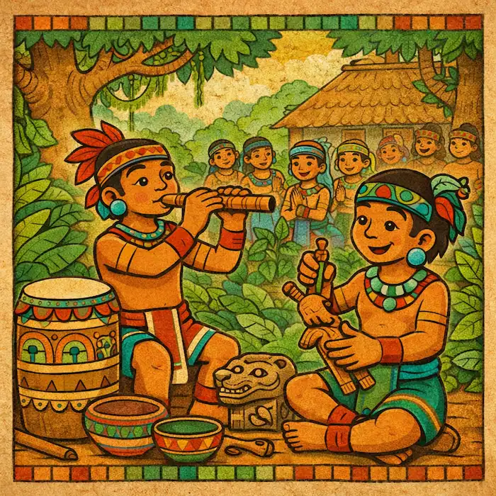 Hun Batz plays a flute while Hun Chuen holds a carved figure and villagers watch nearby