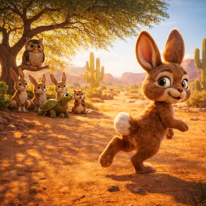 Rico the rabbit running across the desert as other animals watch in The Coyote and the Rabbit story