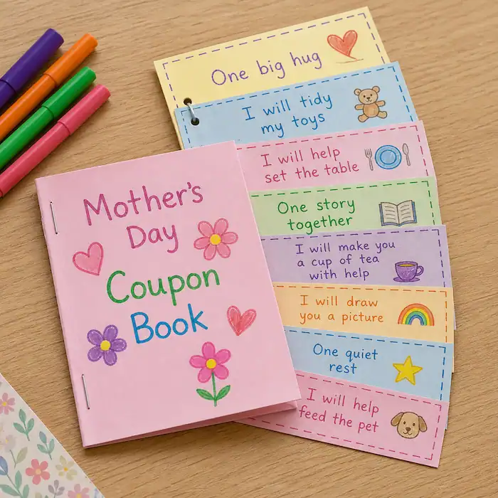 handmade Mother’s Day coupon book with colorful coupons and childlike drawings