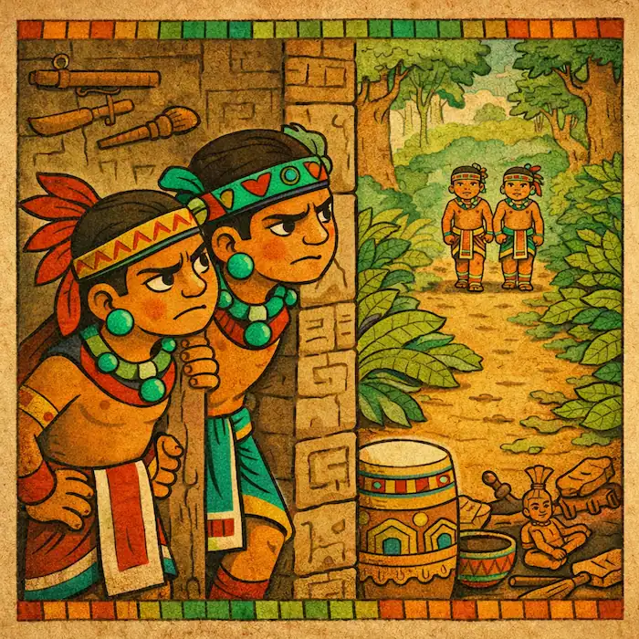 Hun Batz and Hun Chuen glare from a doorway as the younger twins walk along the forest path