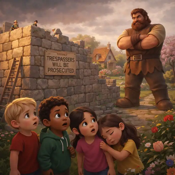 The Selfish Giant stands beside a high stone wall with a trespassers sign while children look worried outside