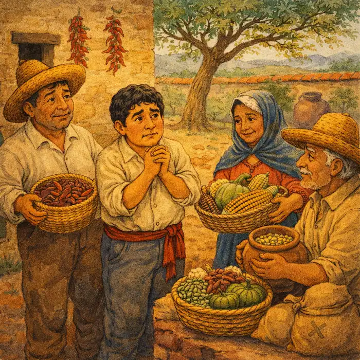 Villagers in a rural Mexican setting offering maize, beans and squash to Tomás in The Lazy Farmer