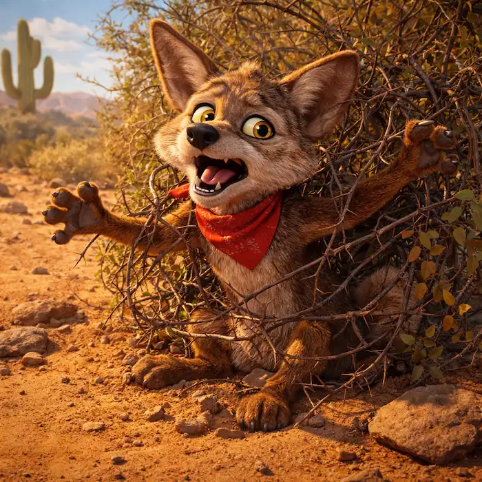 Coyote pretending to be trapped in a thorn bush in The Coyote and the Rabbit Mexican folktale