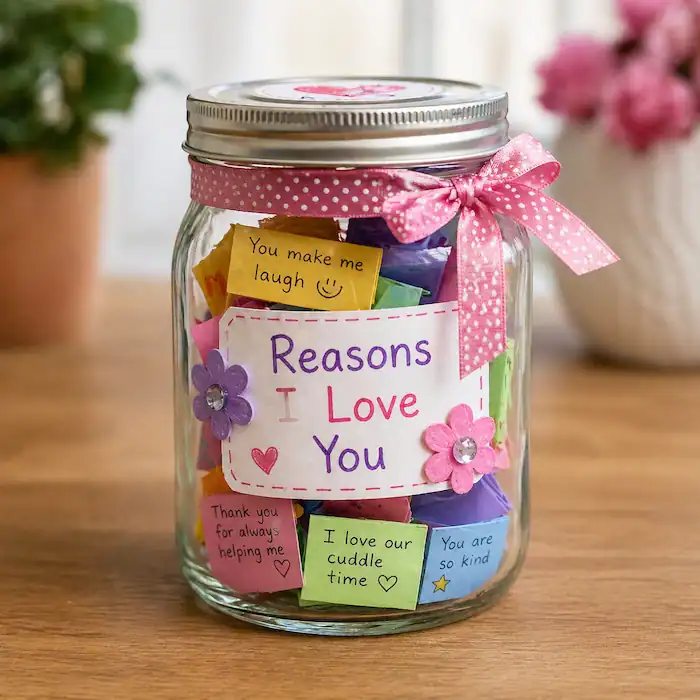 glass jar filled with colorful notes labeled reasons I love you with ribbon decoration