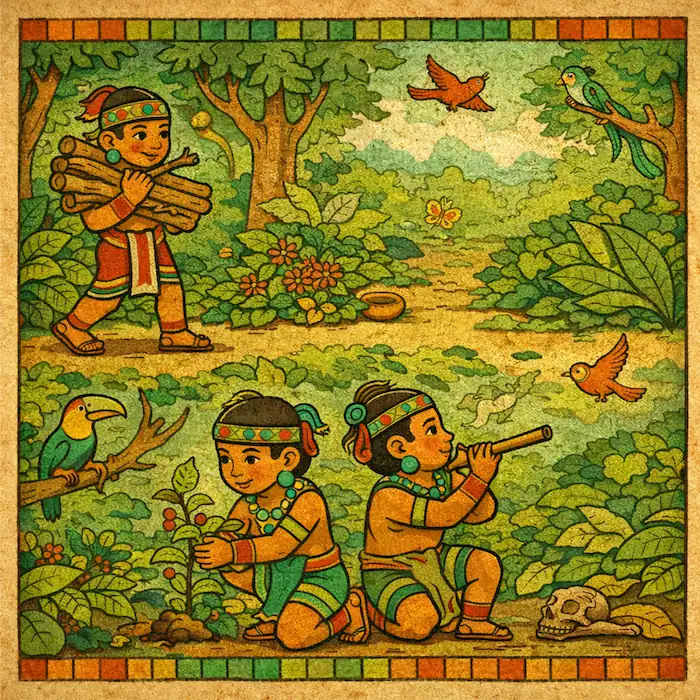 The younger twins work in the forest by carrying wood, tending plants and using a blowgun