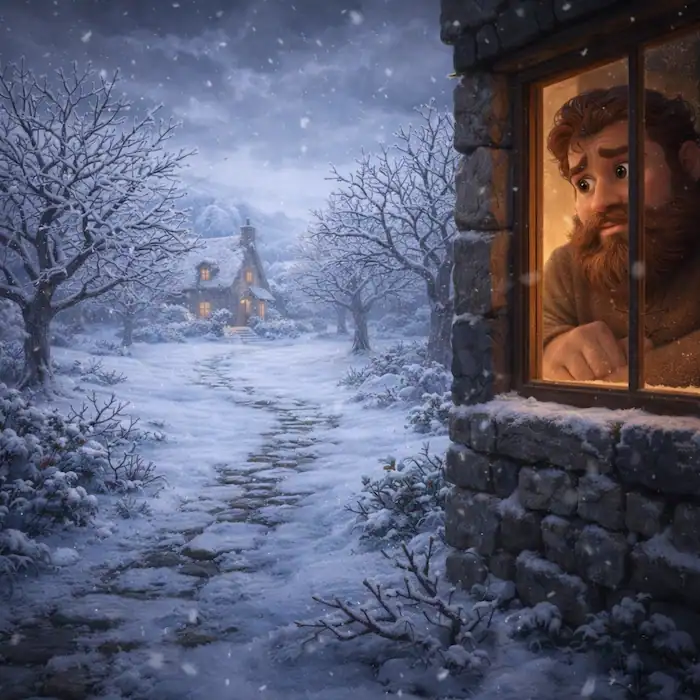 The Selfish Giant looks out from his house at a cold winter garden covered in snow with no children