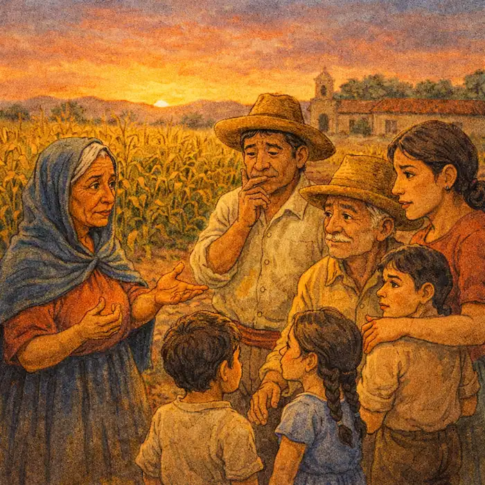 Evening village discussion where the elders and family talk about Tomás and responsibility in The Lazy Farmer