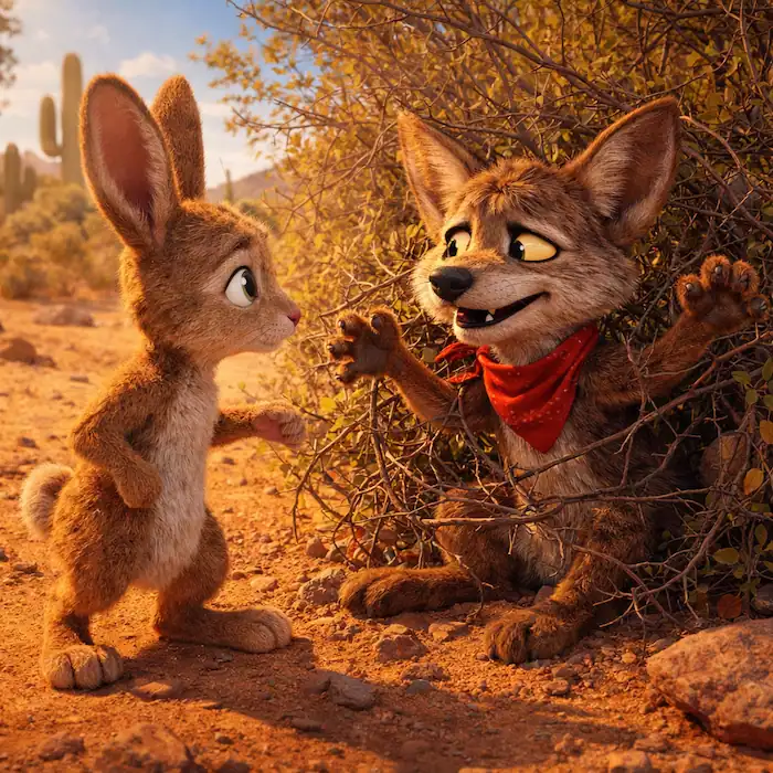 Rico the rabbit cautiously approaching coyote stuck in thorns in The Coyote and the Rabbit folktale
