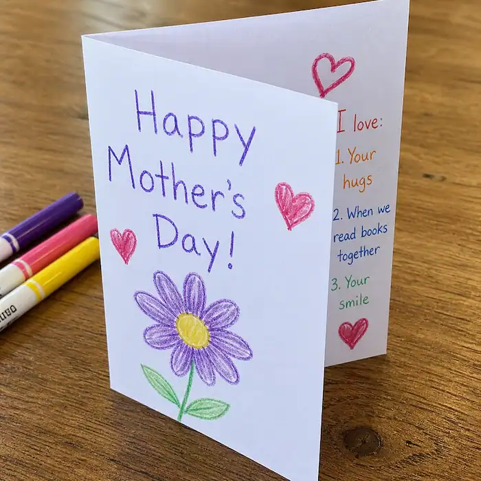 simple Mother’s Day card with flower drawing and child handwriting on folded paper