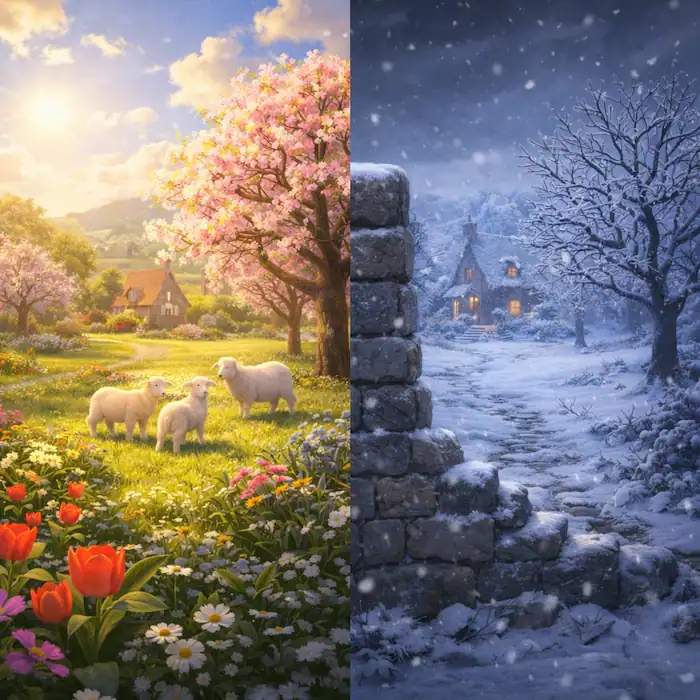 The Selfish Giant garden showing contrast between warm spring with flowers and cold winter with snow