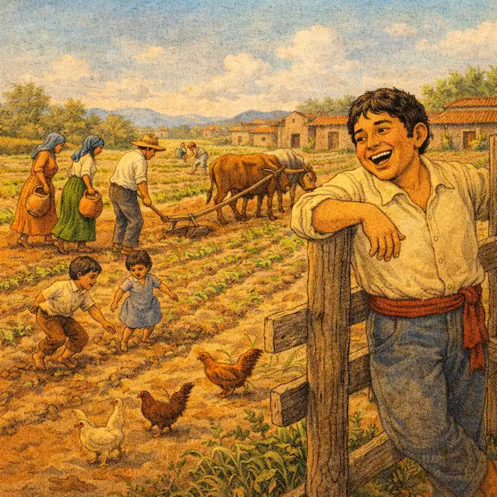 Tomás leaning on a fence while villagers and children work hard in the fields in The Lazy Farmer