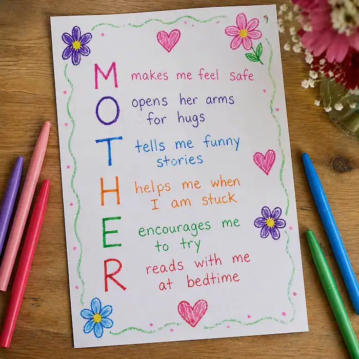 Mother acrostic poem written by child with colorful letters and drawings