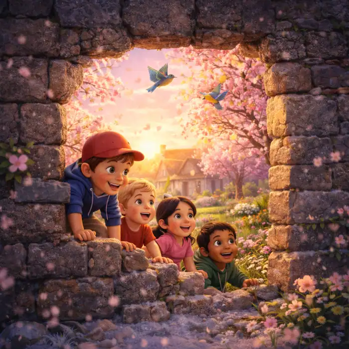 The Selfish Giant children climbing through a gap in the wall as spring returns to the garden