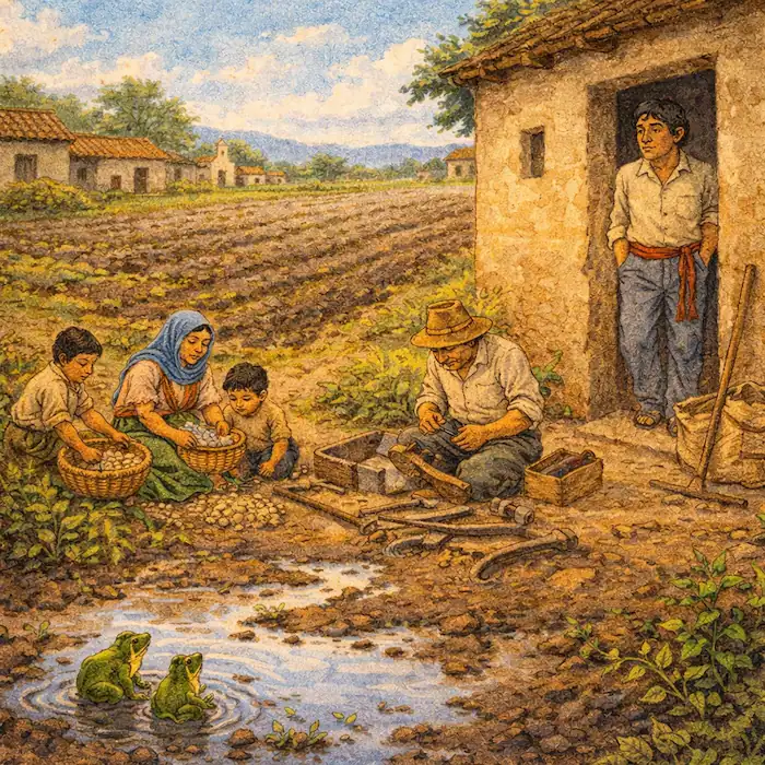Tomás standing by his house as the villagers work, showing the consequences of laziness in The Lazy Farmer