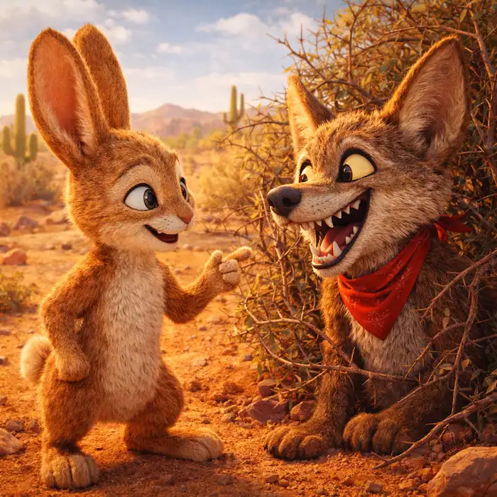 Rico the rabbit tricking coyote while he is stuck in the bush in The Coyote and the Rabbit Mexican folktale