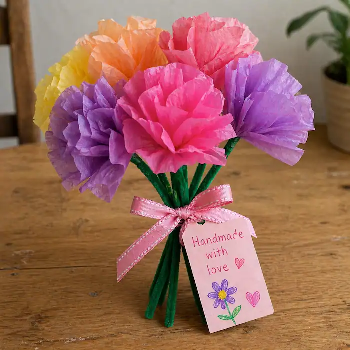 tissue paper flower bouquet with bright colors tied with ribbon and handmade tag