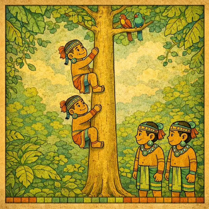 Two brothers climb a tall tree while the younger twins watch from below
