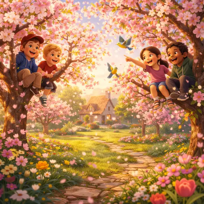 The Selfish Giant children sitting in blossom trees watching birds as the garden comes back to life