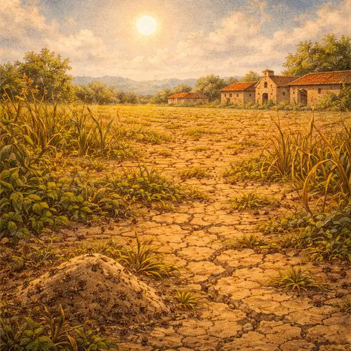 Dry cracked land and barren field symbolising failed harvest and poor choices in The Lazy Farmer Mexican moral tale