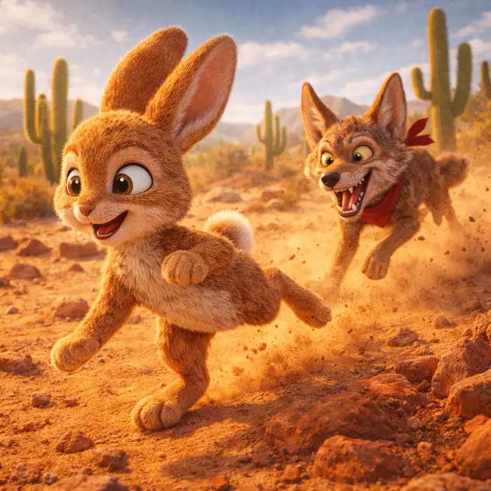 Coyote chasing Rico the rabbit through the desert in The Coyote and the Rabbit folktale