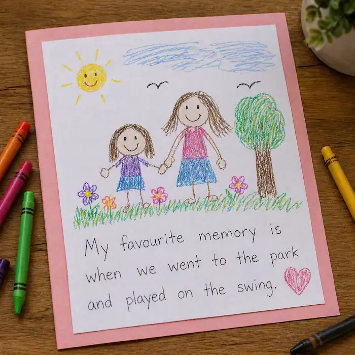 child drawing of mother and child with handwritten favorite memory sentence