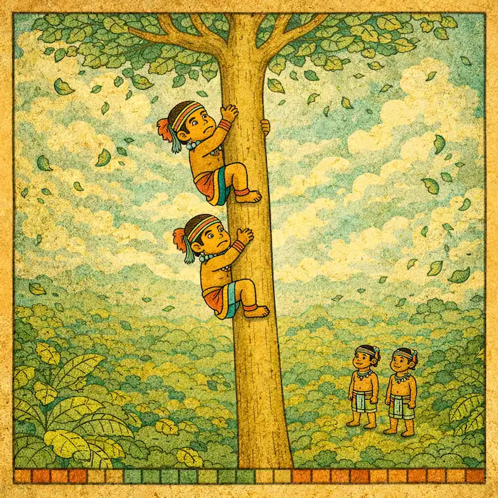 The older brothers cling to the tree as it rises high above the jungle canopy