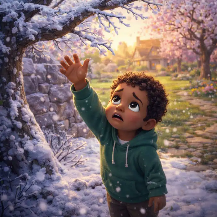 The Selfish Giant small boy reaching up to a frozen tree in the winter corner of the garden