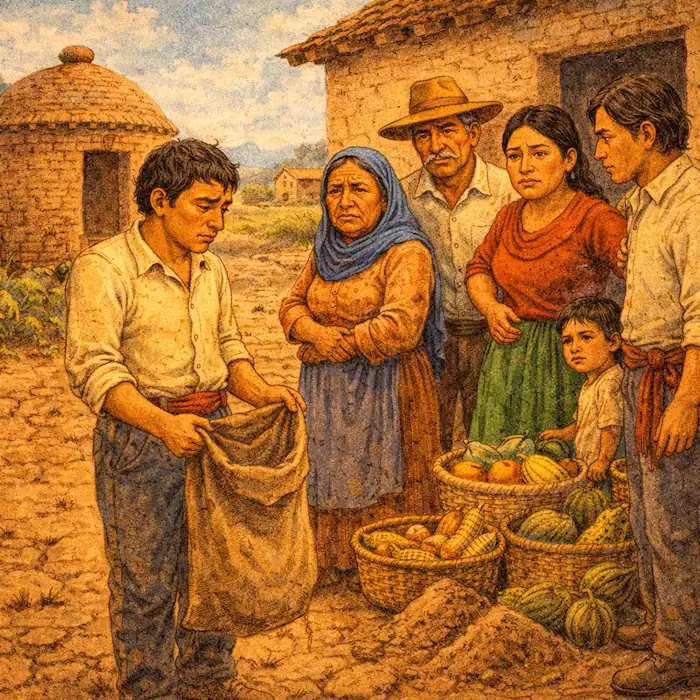 Tomás holding an empty sack while villagers stand nearby with food baskets in The Lazy Farmer