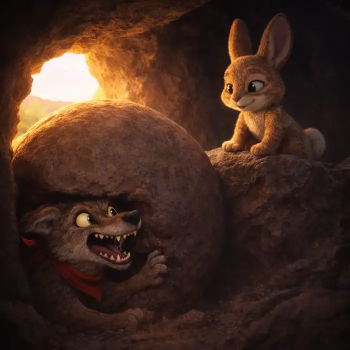 Rico trapping coyote inside a cave with a rolling rock in The Coyote and the Rabbit story