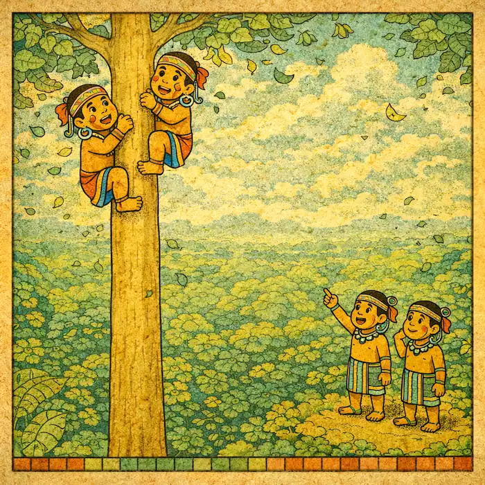 Two brothers climb a tall tree while the younger twins watch from below