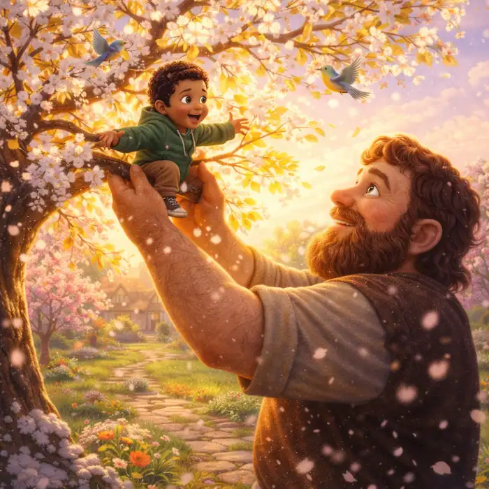 The Selfish Giant gently lifts the smallest boy into a tree and the branches begin to bloom