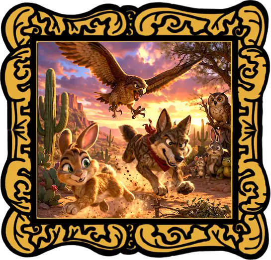 Rico the rabbit and coyote walking together at sunset in The Coyote and the Rabbit Mexican folktale cover image