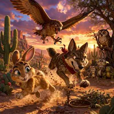 Rico the rabbit and coyote walking together at sunset in The Coyote and the Rabbit Mexican folktale cover image